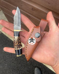 Damascus Antler Knife – Custom Hunting Blade with Leather Sheath