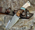 DAMASCUS EVOKE HOOK KNIFE, Rose Wood & TURQUOISE HANDLE Overall 6.25”