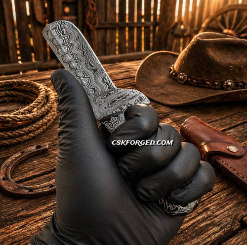 Cowboy Knife Damascus Bullcutter Buffalo Horn Hunting Knife Pancake Sheath