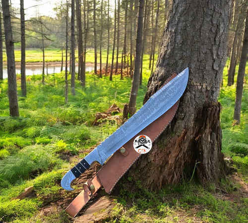 Best Hunting & Camping Knife | Full Tang Raindrop Damascus Blade | Resin & Damascus Bolster Handle | 17 Inches | Leather Sheath