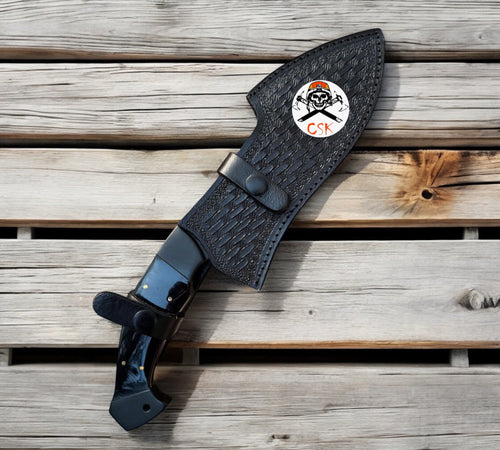 Black-Coated Hand Forged Steel Hunting Knife with Horn Handle and Custom Leather Sheath