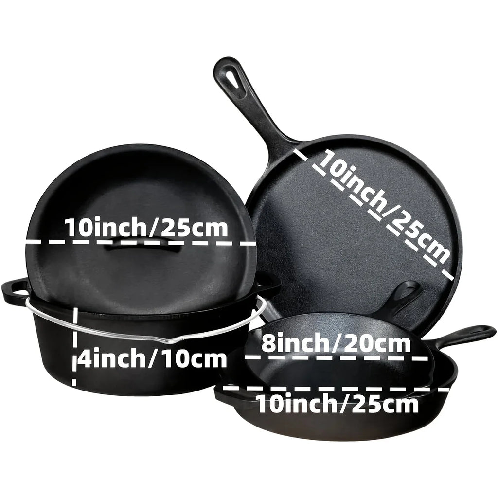 3-piece pre-seasoned cast iron skillet set with 6, 8, and 10 inch pans for versatile cooking.