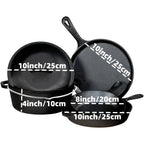 3-piece pre-seasoned cast iron skillet set with 6, 8, and 10 inch pans for versatile cooking.