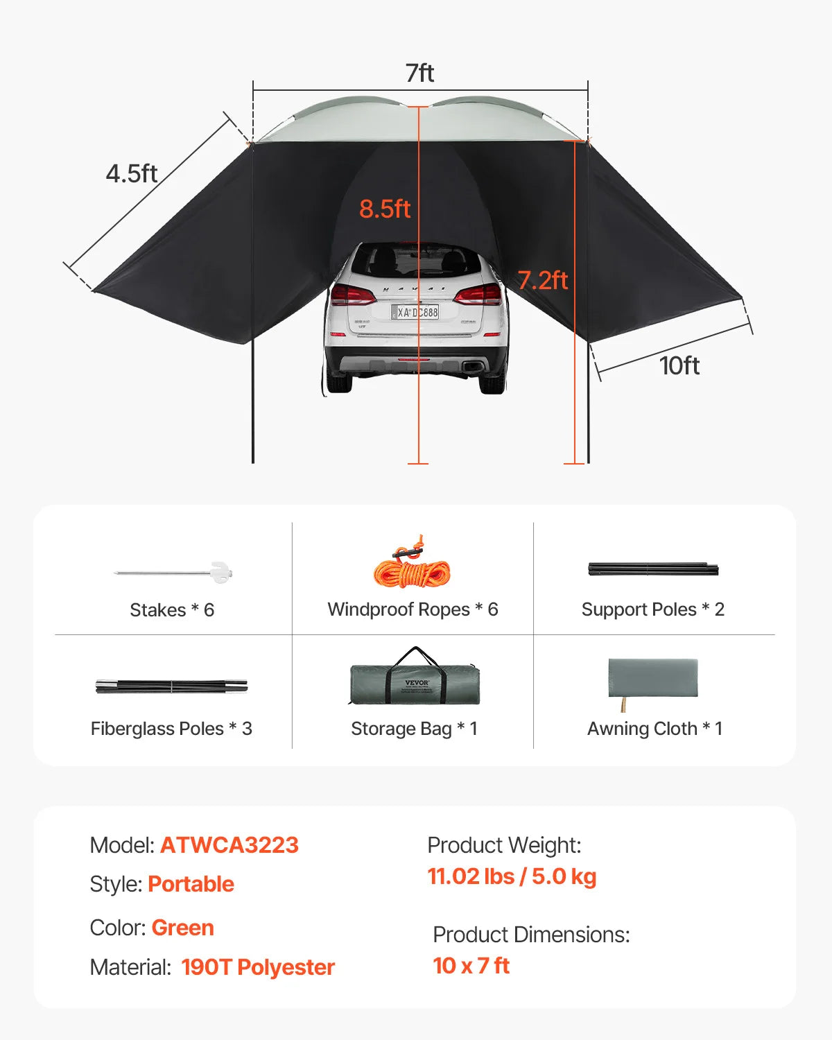 VEVOR Retractable Vehicle Awning Car Side Awning with Storage Bag