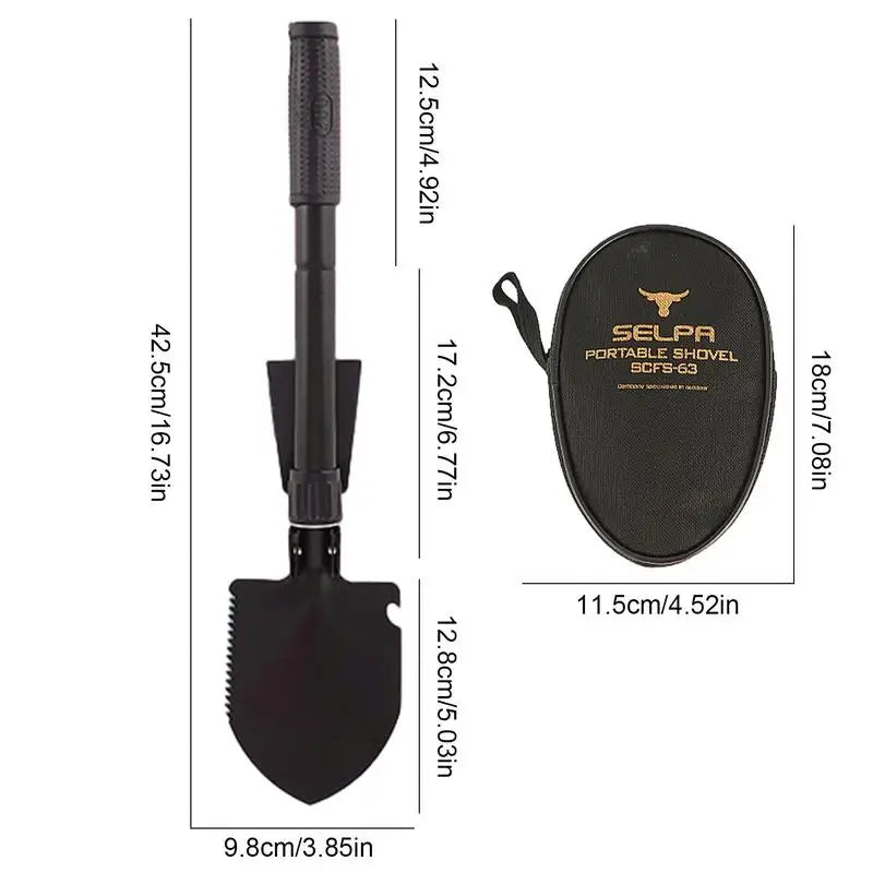 Mini folding survival shovel made of lightweight steel with carry bag for outdoor use