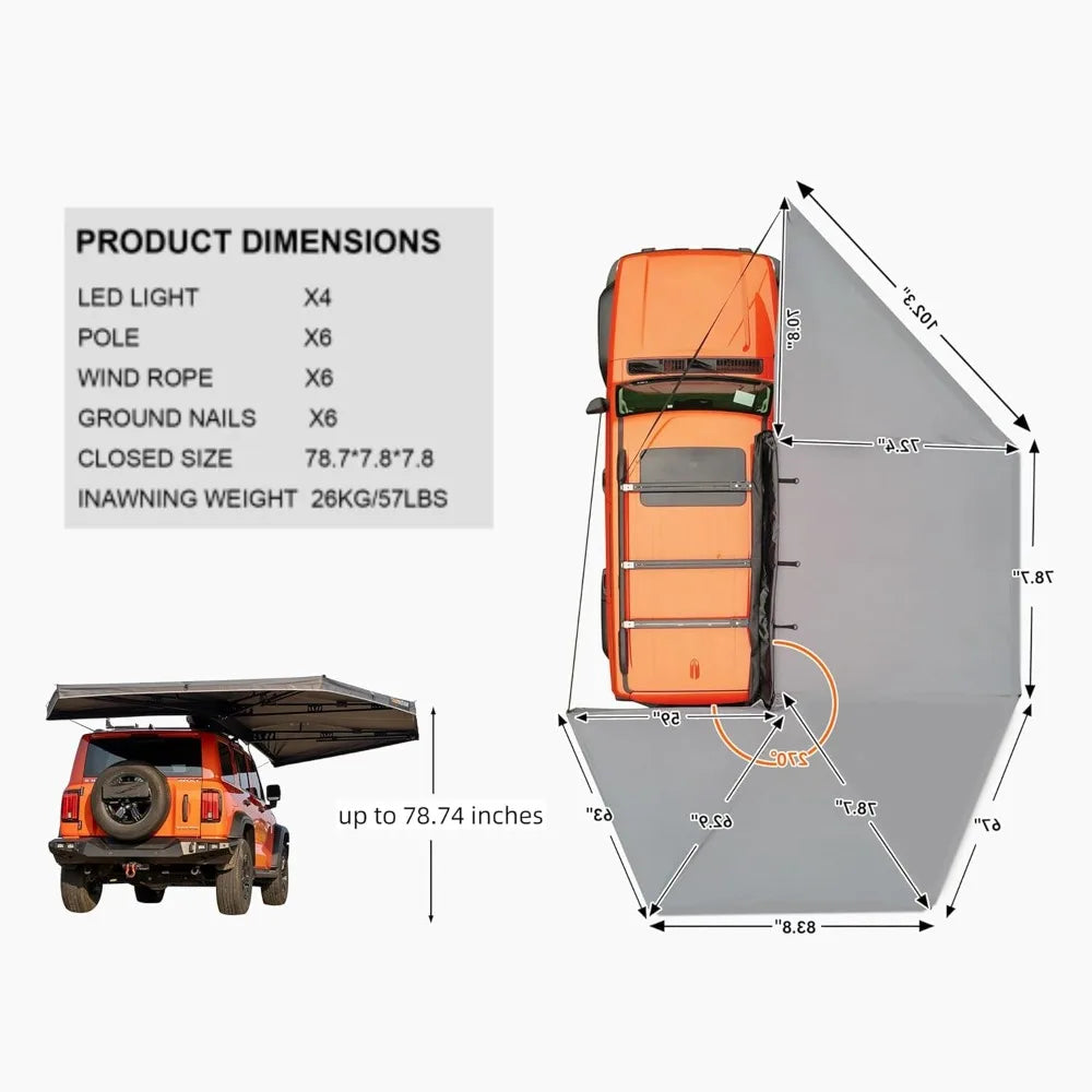 270 Degree Vehicle Awning for SUV Jeep Truck Rooftop Overland