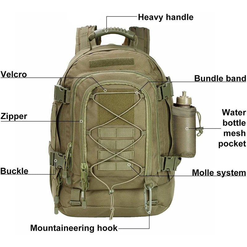 Tactical Backpack Large Capacity Outdoor Hiking Camping Rucksack 65L
