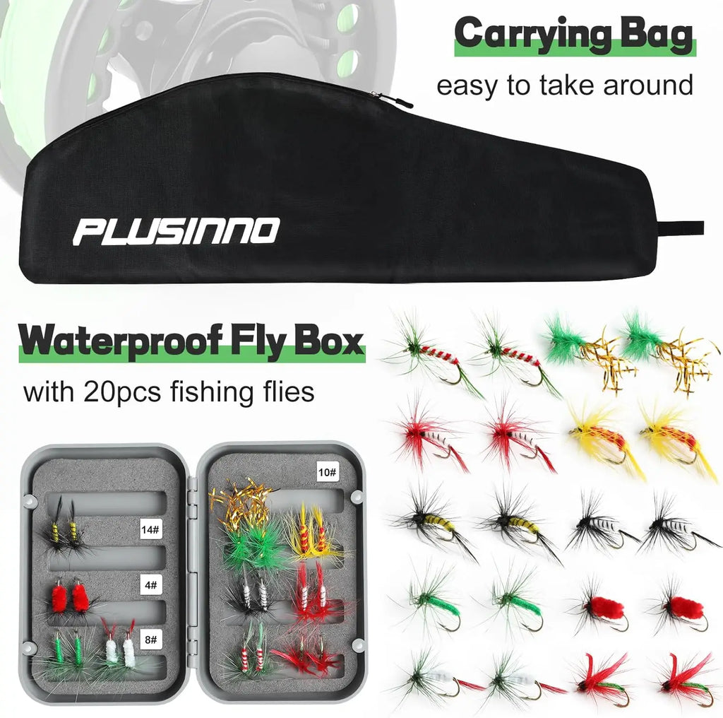 Lightweight 4-piece graphite fly fishing rod and reel combo with starter kit and carry bag.