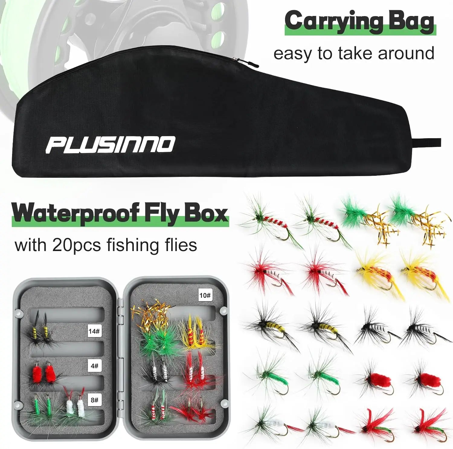 Lightweight 4-piece graphite fly fishing rod and reel combo with starter kit and carry bag.