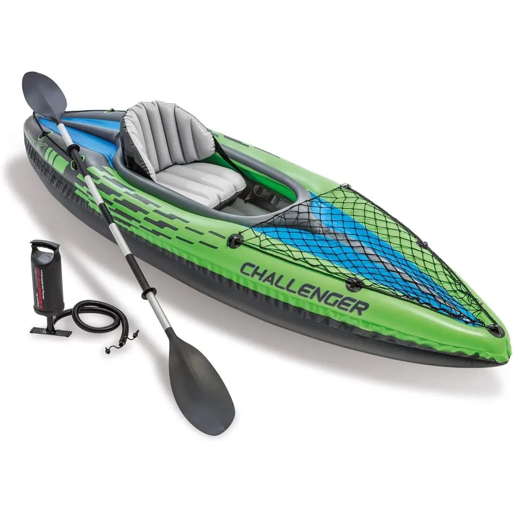Inflatable deluxe kayak with paddle, high-output pump, and adjustable seat made from durable PVC