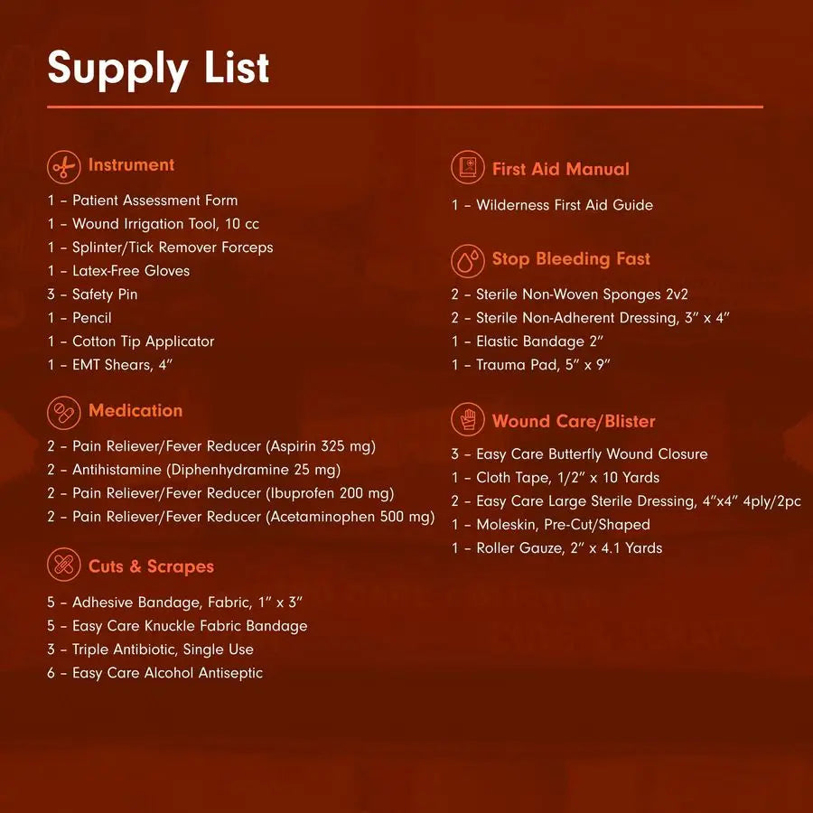 Sportsman Series 200-piece first aid kit for camping, hiking, and hunting, designed for four people