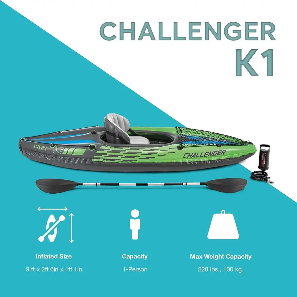 Inflatable deluxe kayak with paddle, high-output pump, and adjustable seat made from durable PVC