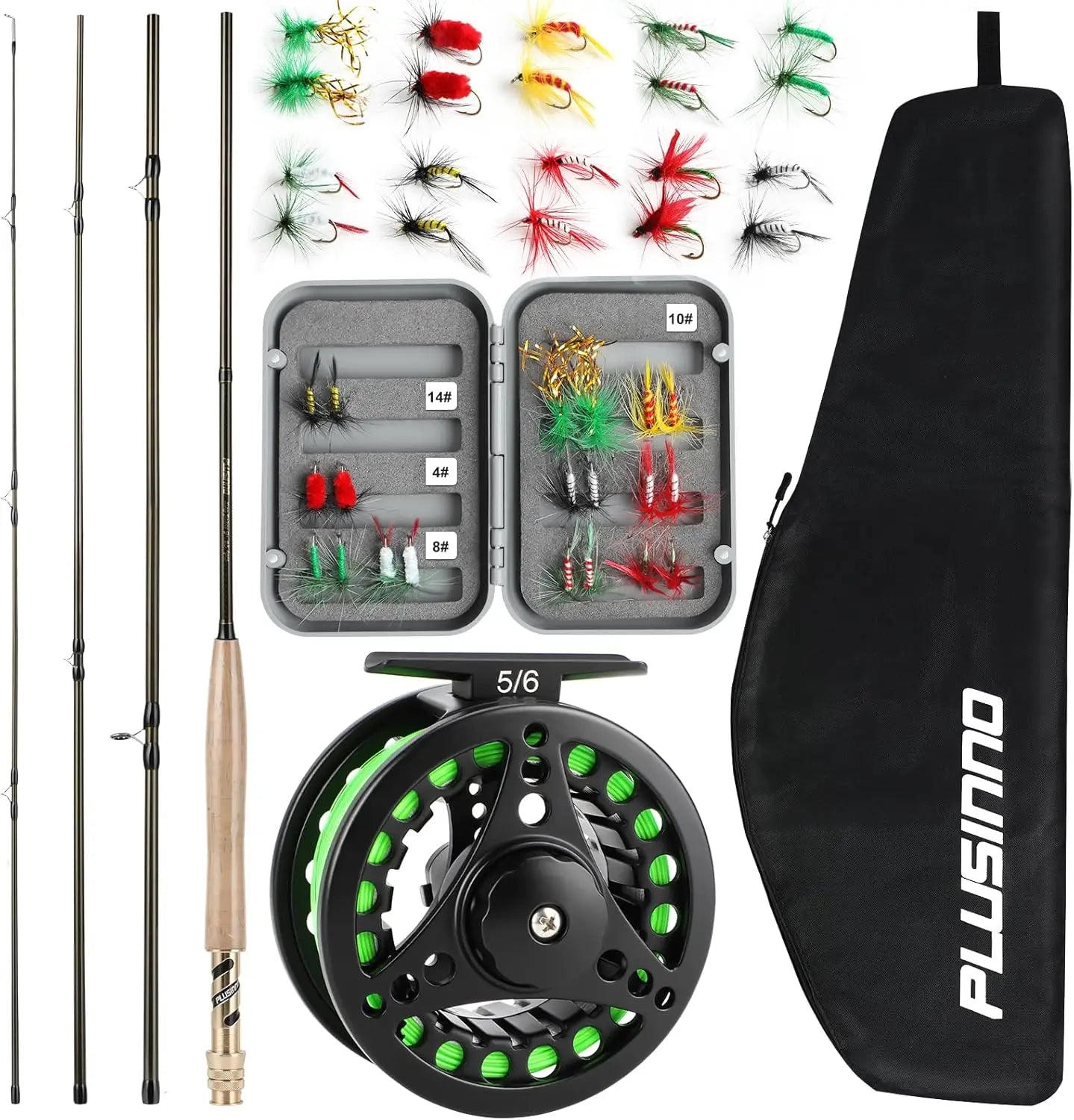 Lightweight 4-piece graphite fly fishing rod and reel combo with starter kit and carry bag.