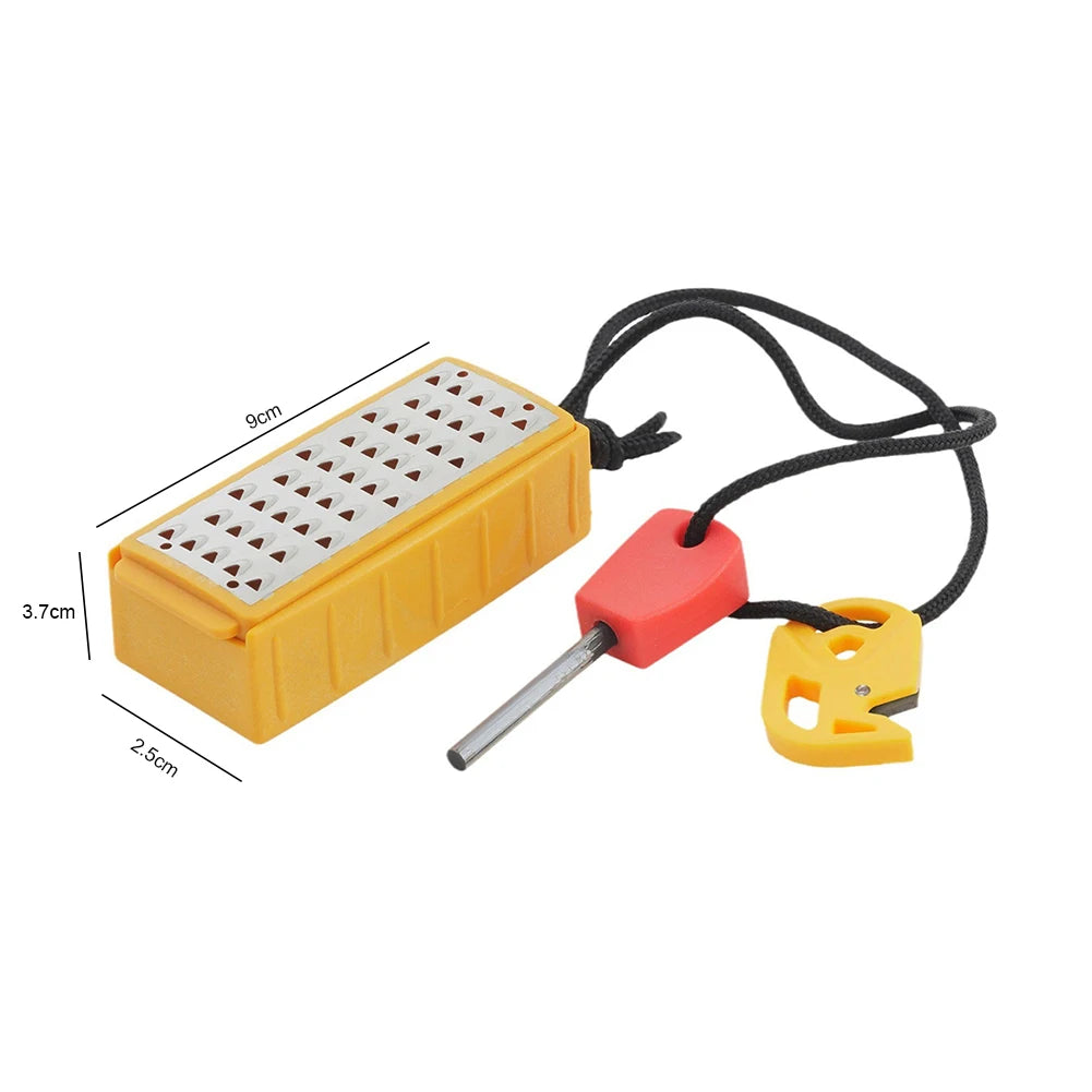 Portable stainless steel tinder maker and fire starter tool for outdoor survival use.