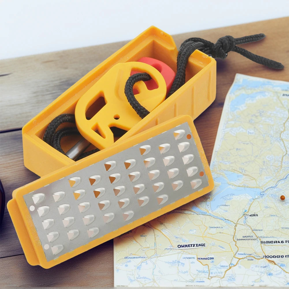 Portable stainless steel tinder maker and fire starter tool for outdoor survival use.