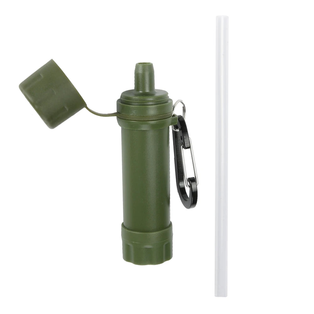 Personal survival water filter with straw for emergency outdoor drinking.