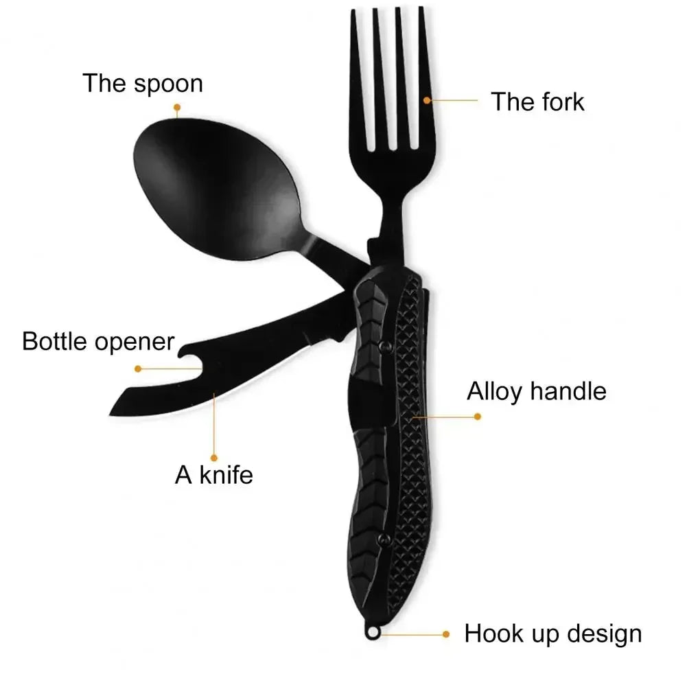 Three-in-One Multi-Tool Camping Folding Knife Comfortable Grip Hook Design Stainless Steel Folding Spoon Fork Knife Bottle Opener