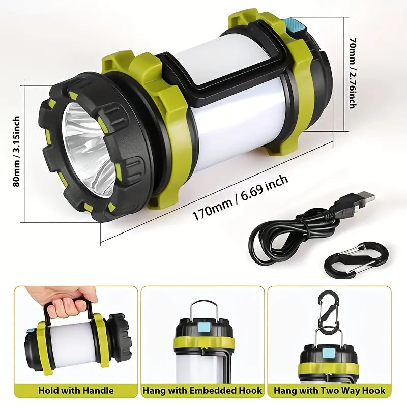 Rechargeable 1000-lumen LED camping light with multiple modes and built-in power bank.