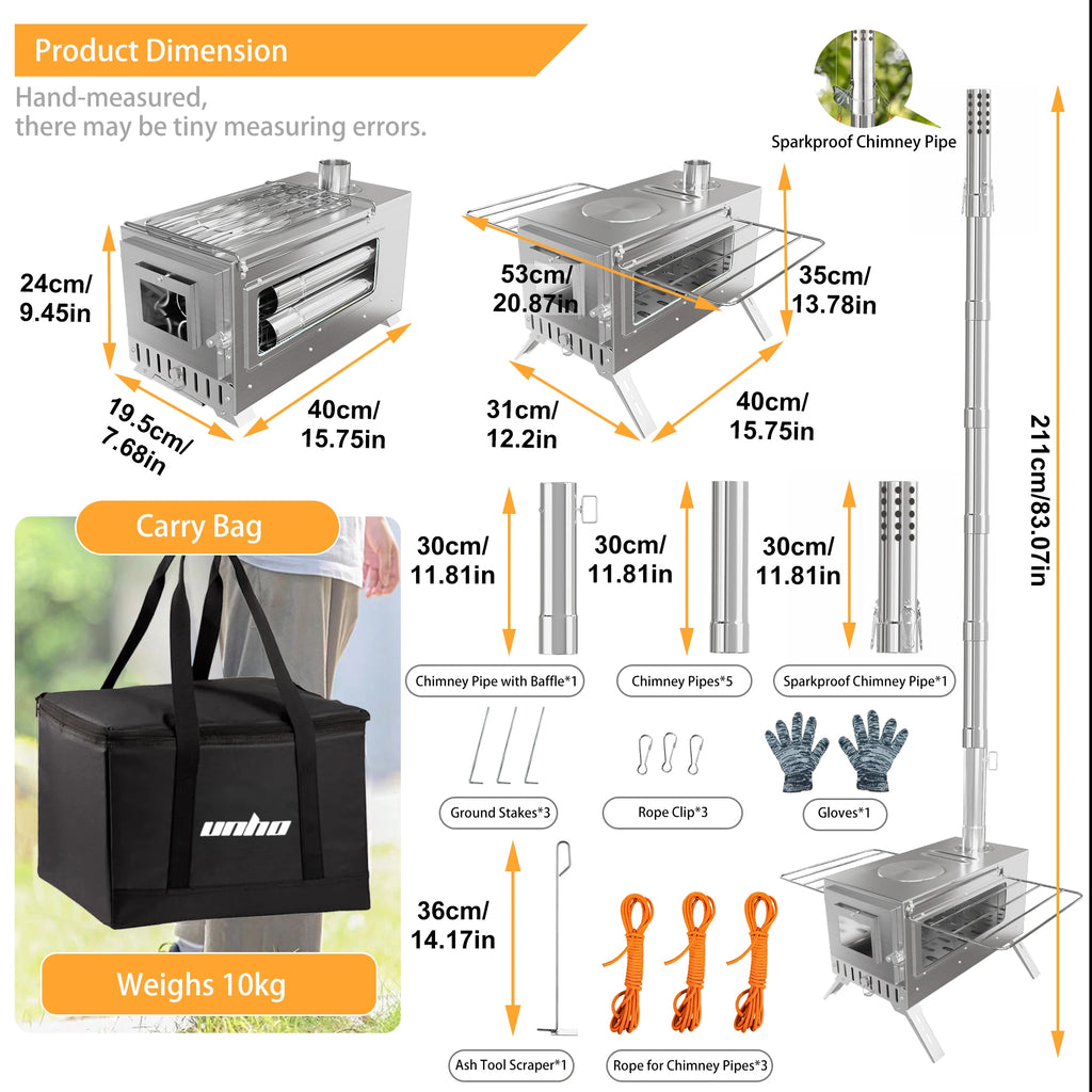 Portable Camping Wood Stove Stainless Steel Hot Tent Stove with Chimney Pipes
