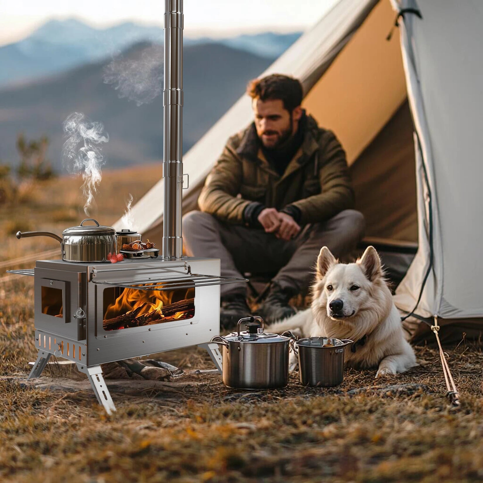 Portable Camping Wood Stove Stainless Steel Hot Tent Stove with Chimney Pipes