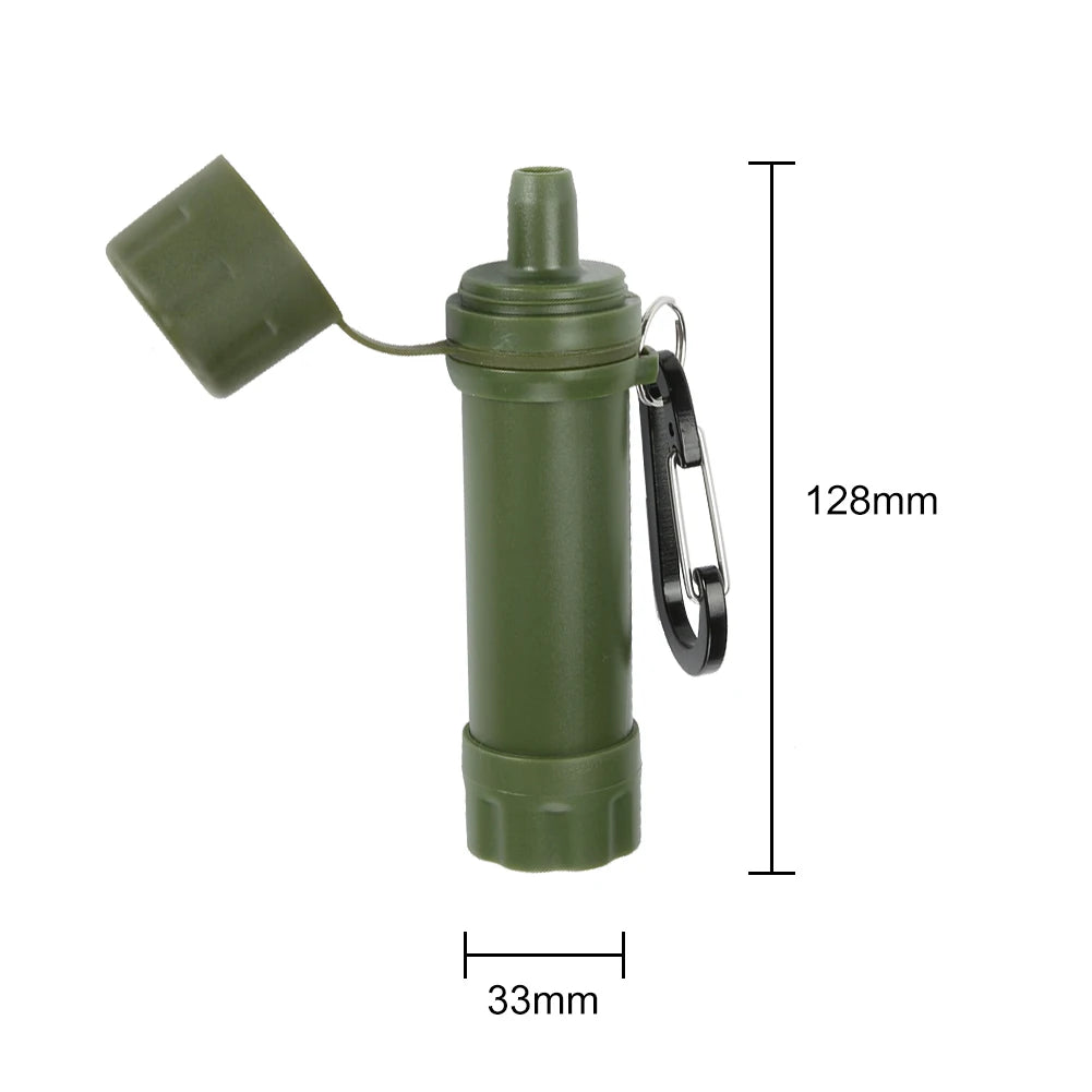 Personal survival water filter with straw for emergency outdoor drinking.