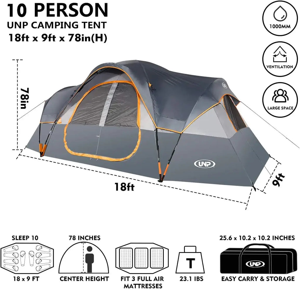 10-Person Family Camping Tent Easy Setup Waterproof 2 Rooms