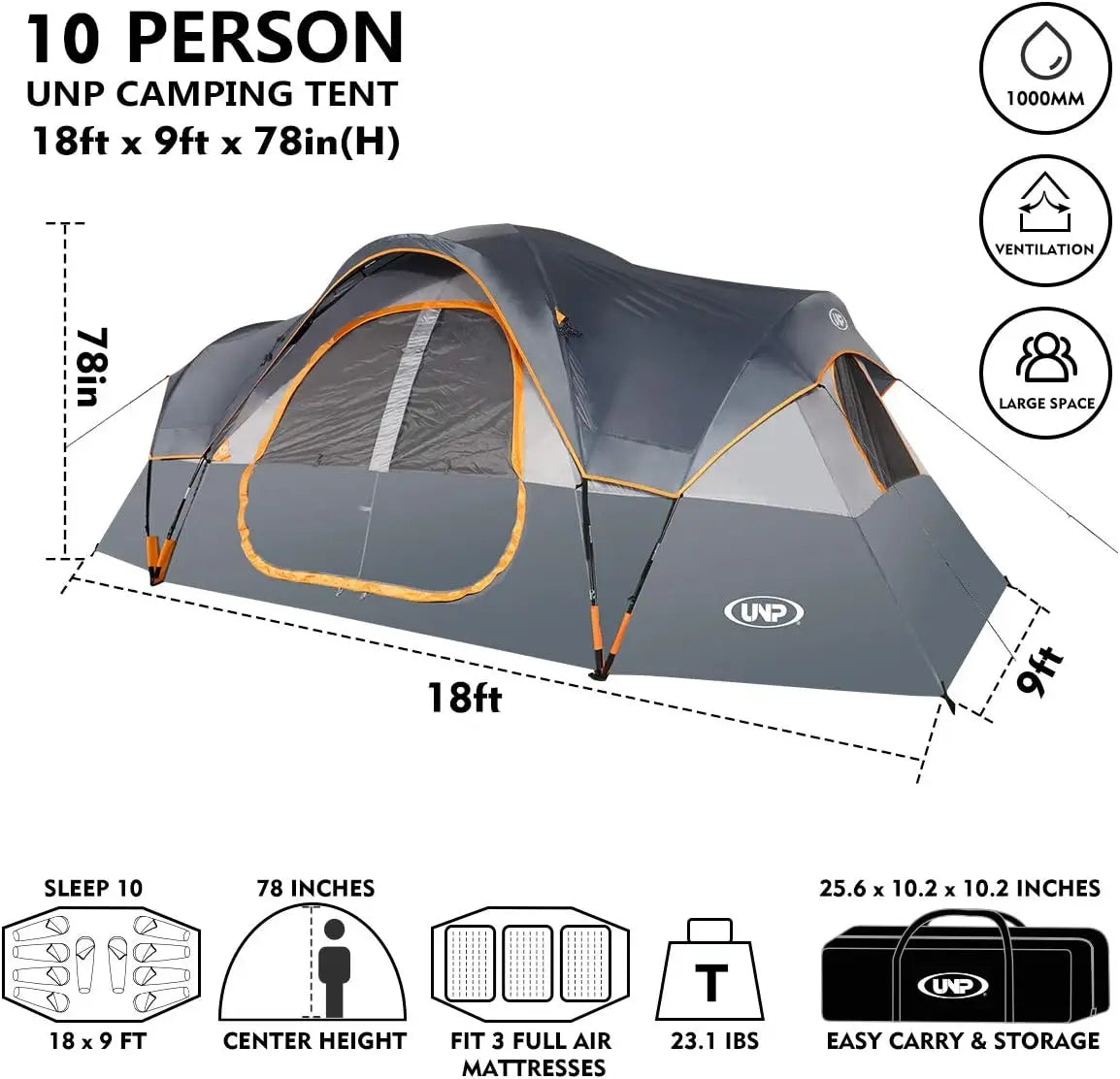 10-Person Family Camping Tent Easy Setup Waterproof 2 Rooms