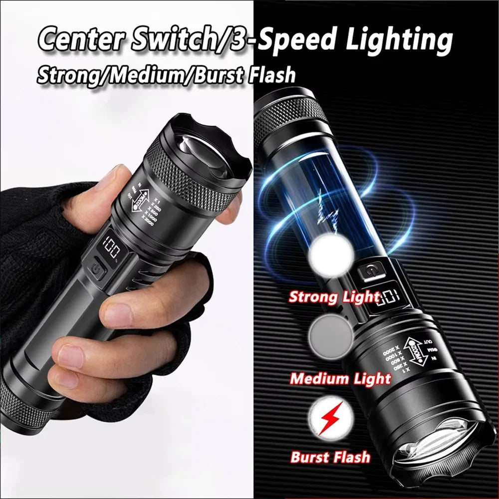 High-Power LED Flashlight USB Rechargeable Zoomable with Display