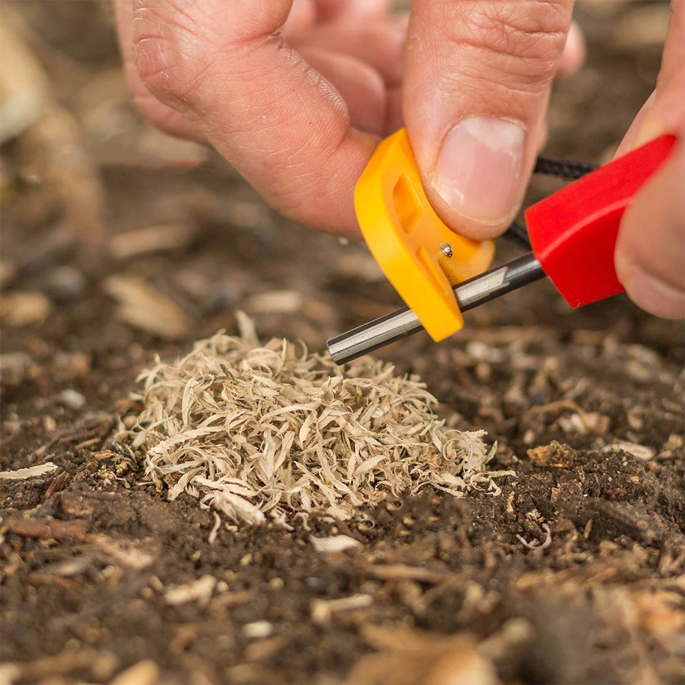 Portable stainless steel tinder maker and fire starter tool for outdoor survival use.