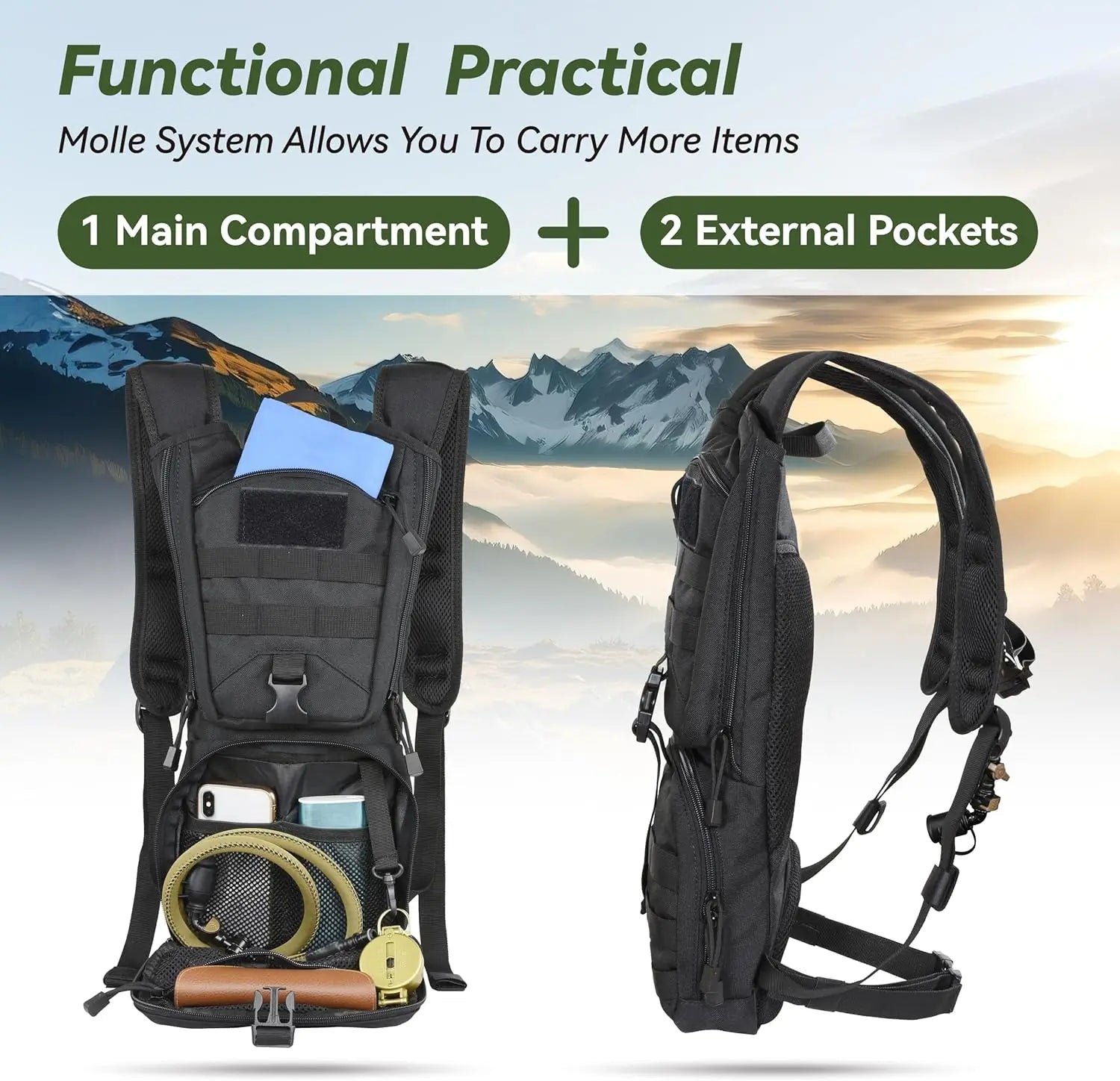 Tactical Hydration Backpack w/ 3L TPU Bladder, Ideal for Cycling, Hiking, Running, etc.
