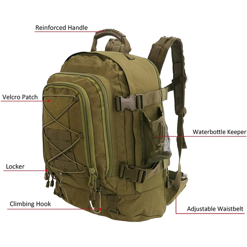 Tactical Backpack Large Capacity Outdoor Hiking Camping Rucksack 65L