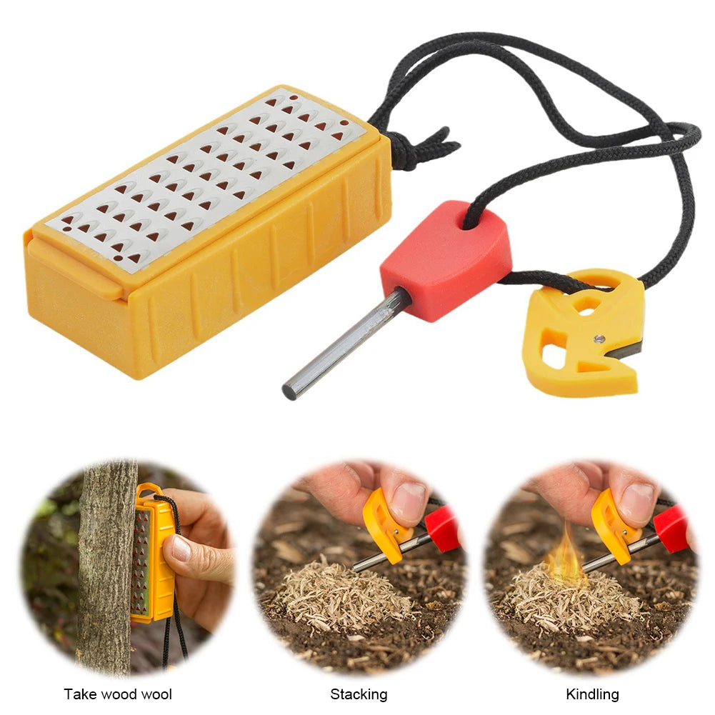 Portable stainless steel tinder maker and fire starter tool for outdoor survival use.