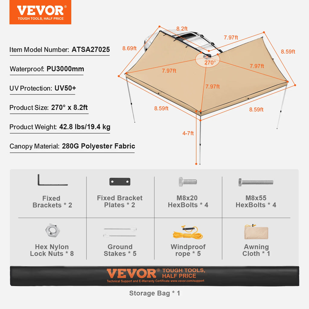 Retractable Vehicle Awning Car Side Awning with Storage Bag