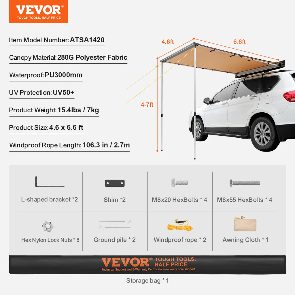 Retractable Vehicle Awning Car Side Awning with Storage Bag