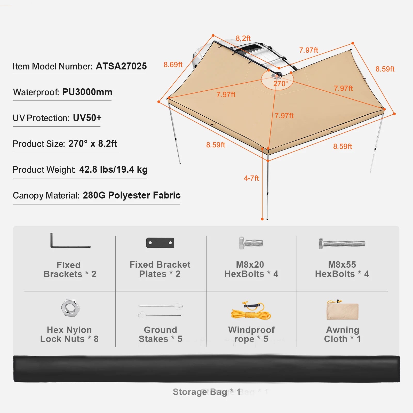 VEVOR Retractable Vehicle Awning Car Side Awning with Storage Bag