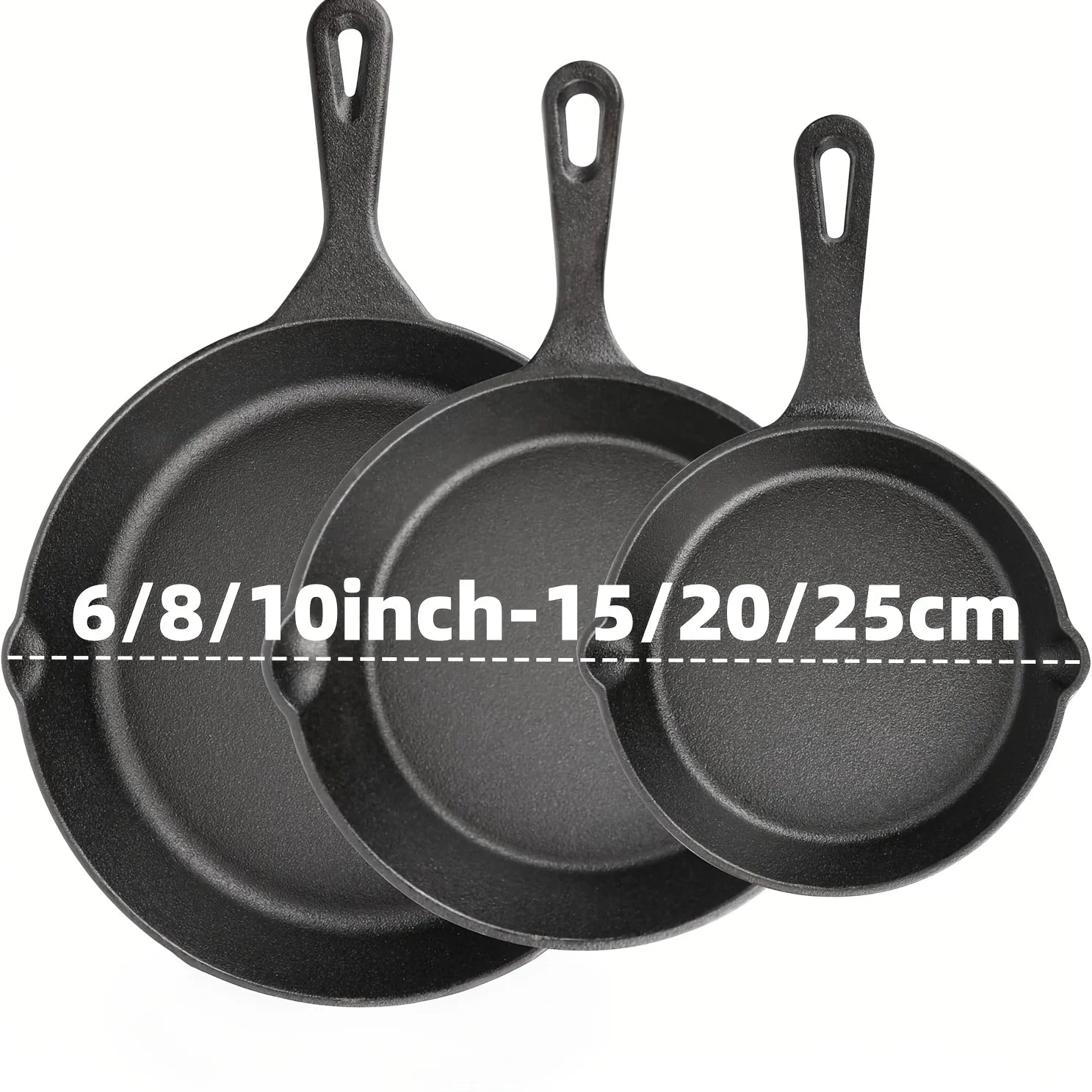 3-piece pre-seasoned cast iron skillet set with 6, 8, and 10 inch pans for versatile cooking.