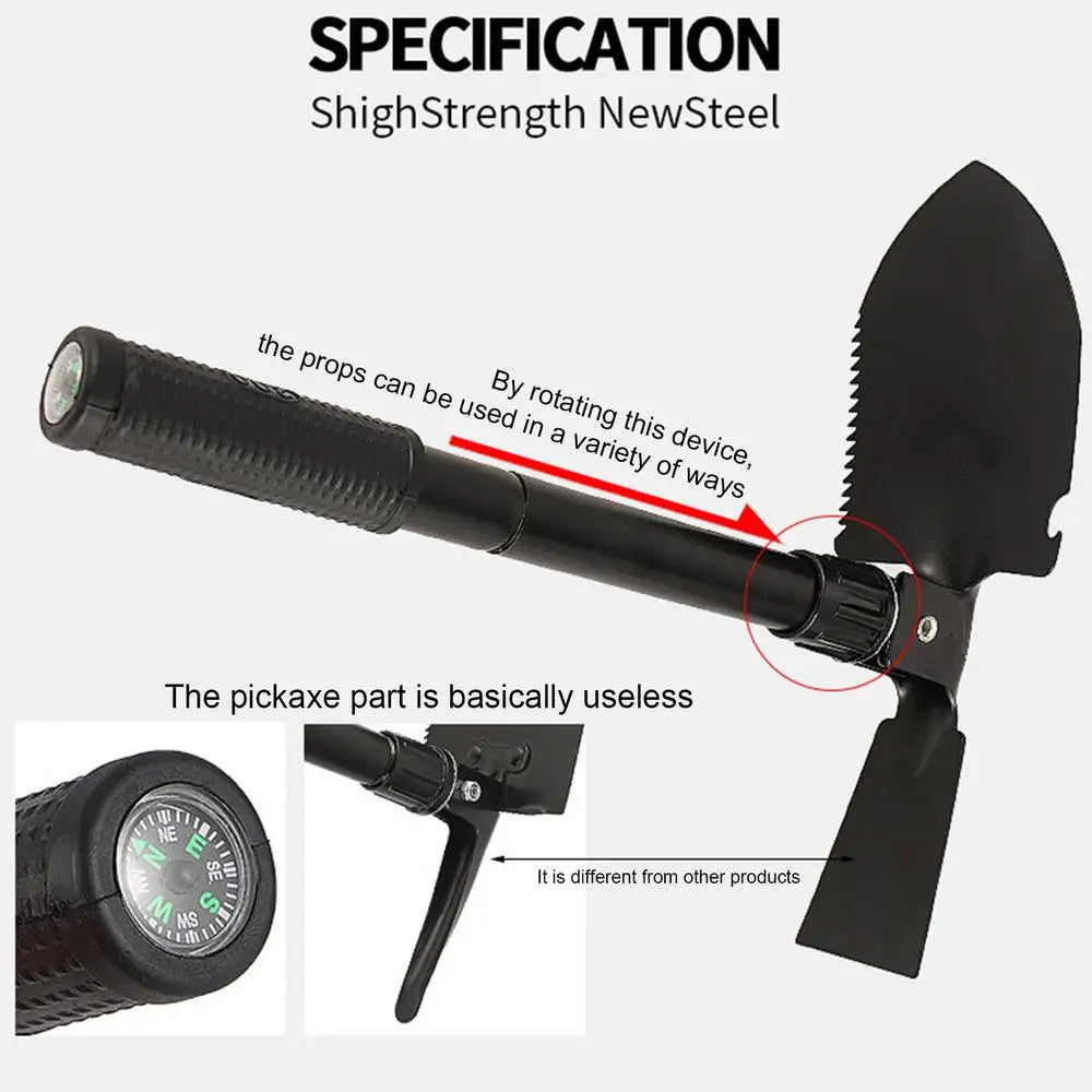 Mini folding survival shovel made of lightweight steel with carry bag for outdoor use