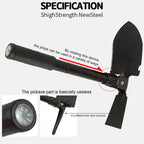 Mini folding survival shovel made of lightweight steel with carry bag for outdoor use