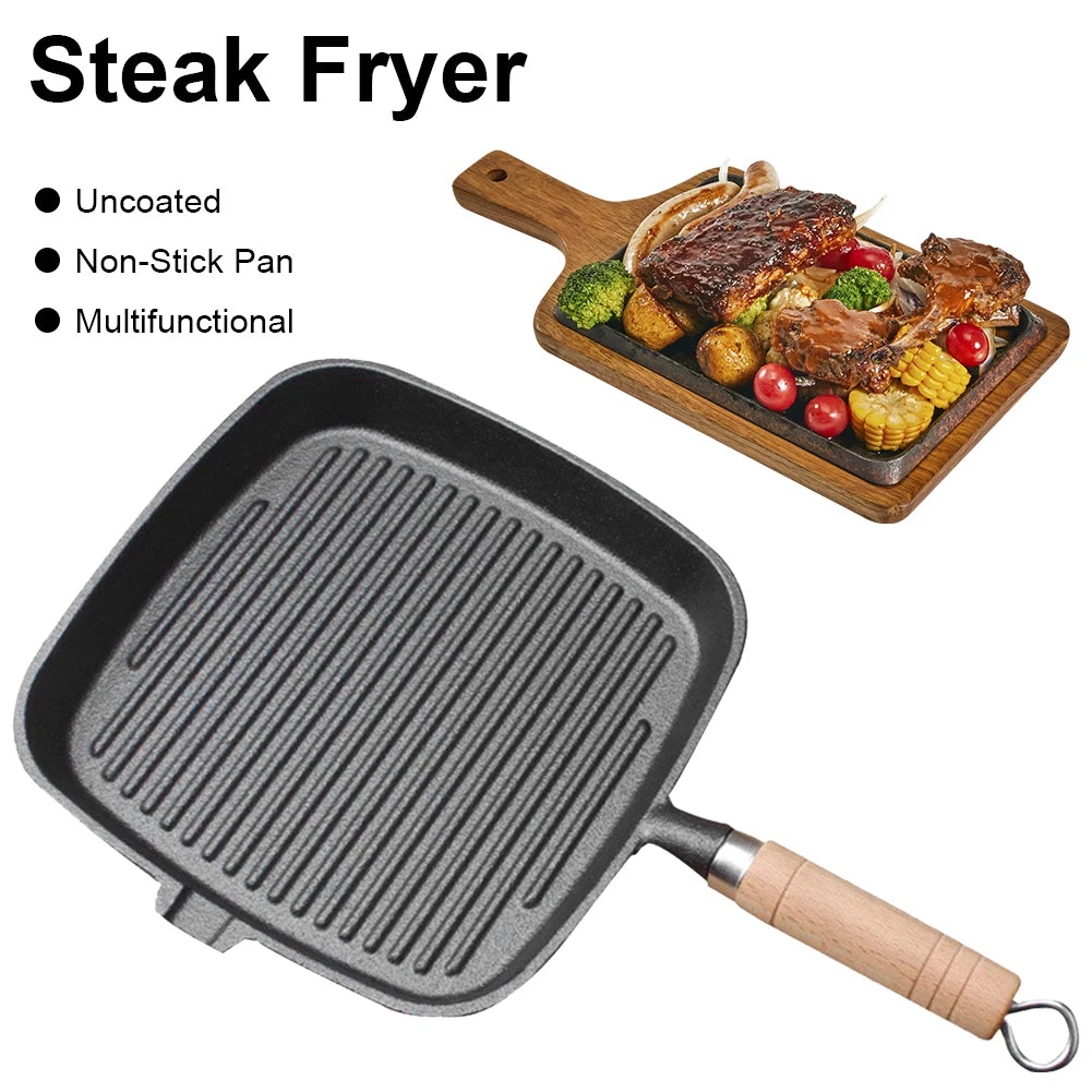 Cast iron skillet steak pan with wooden handle, uncoated and ideal for camping cooking