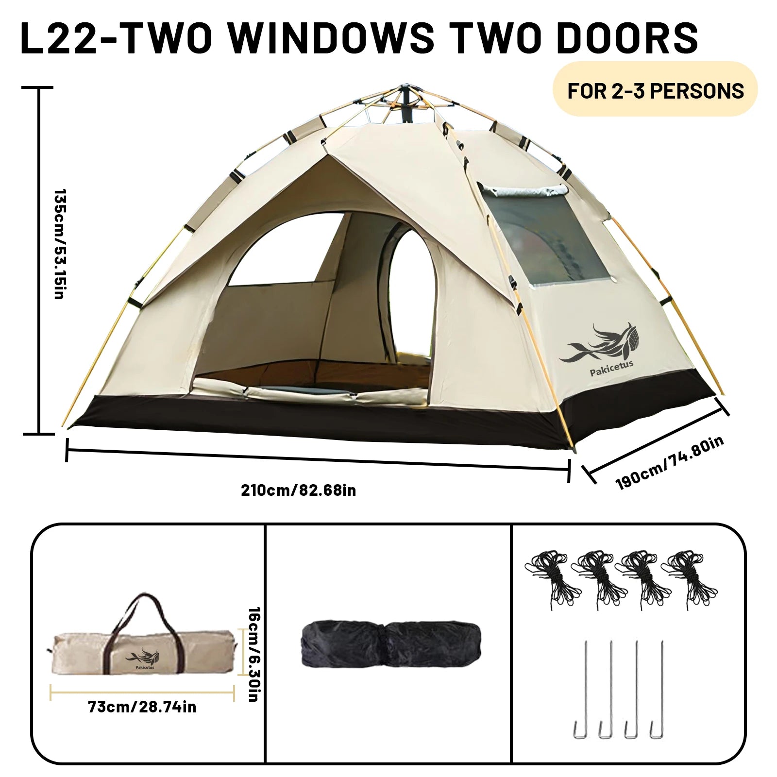 PAKICETUS 2-4 Person Automatic Pop Up Camping Tent, Instant Quick Setup Portable Windproof Tent, Lightweight Backpacking Shelter for Outdoor Travel Hiking Picnic