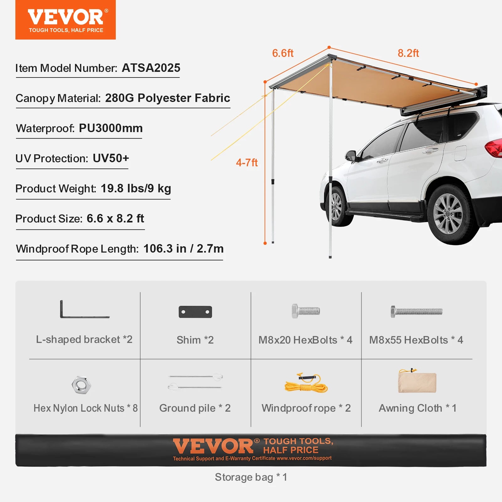 Retractable Vehicle Awning Car Side Awning with Storage Bag