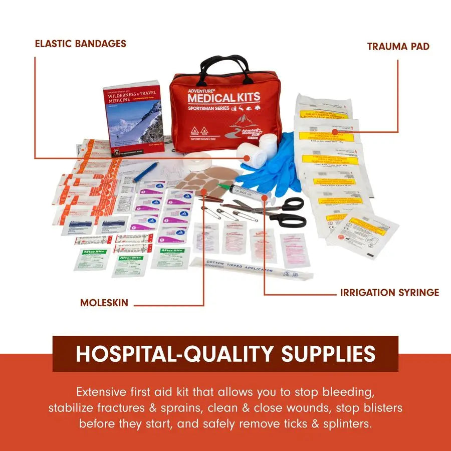 Sportsman Series 200-piece first aid kit for camping, hiking, and hunting, designed for four people