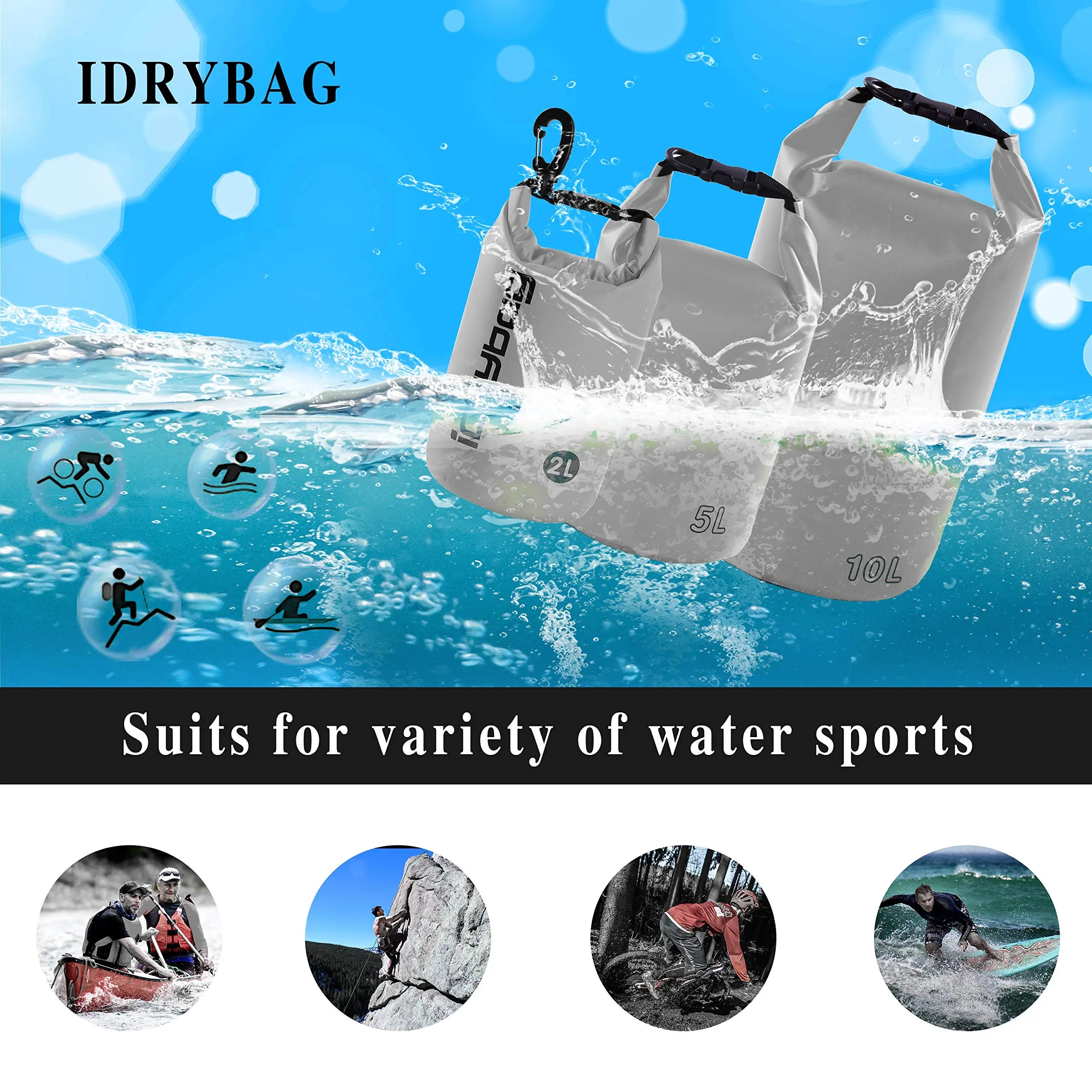 IDrybag Waterproof Dry Bag 2L 5L 10L PVC for Kayaking Boating Camping