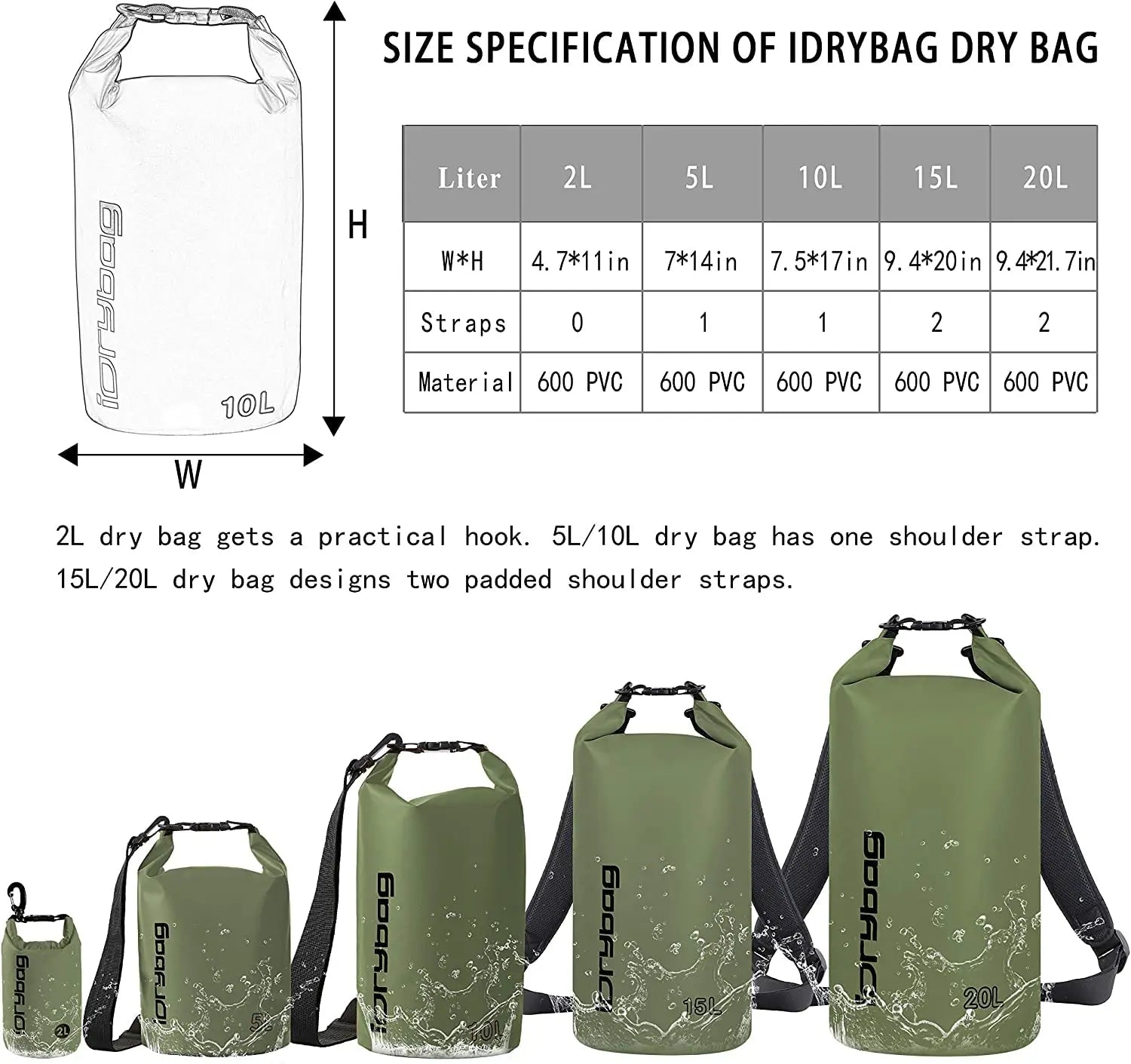 IDrybag Waterproof Dry Bag 2L 5L 10L PVC for Kayaking Boating Camping