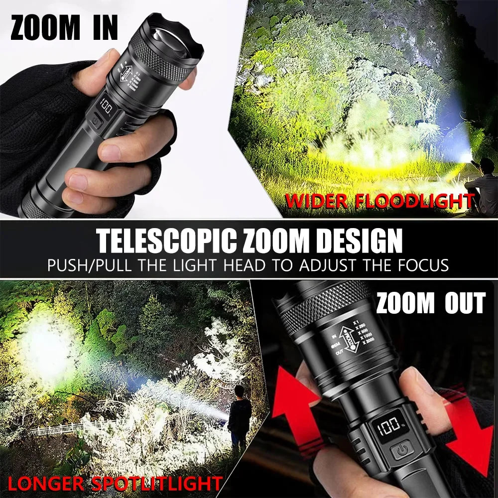 High-Power LED Flashlight USB Rechargeable Zoomable with Display