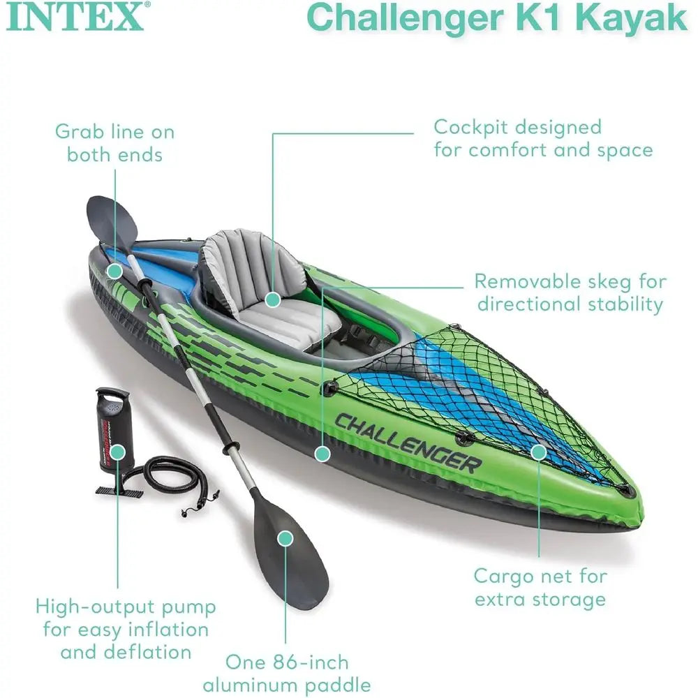 Inflatable deluxe kayak with paddle, high-output pump, and adjustable seat made from durable PVC
