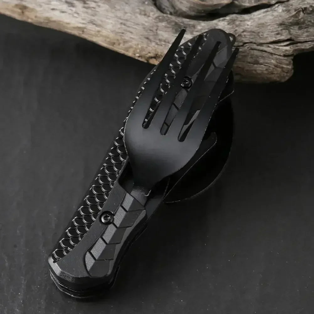 Three-in-One Multi-Tool Camping Folding Knife Comfortable Grip Hook Design Stainless Steel Folding Spoon Fork Knife Bottle Opener