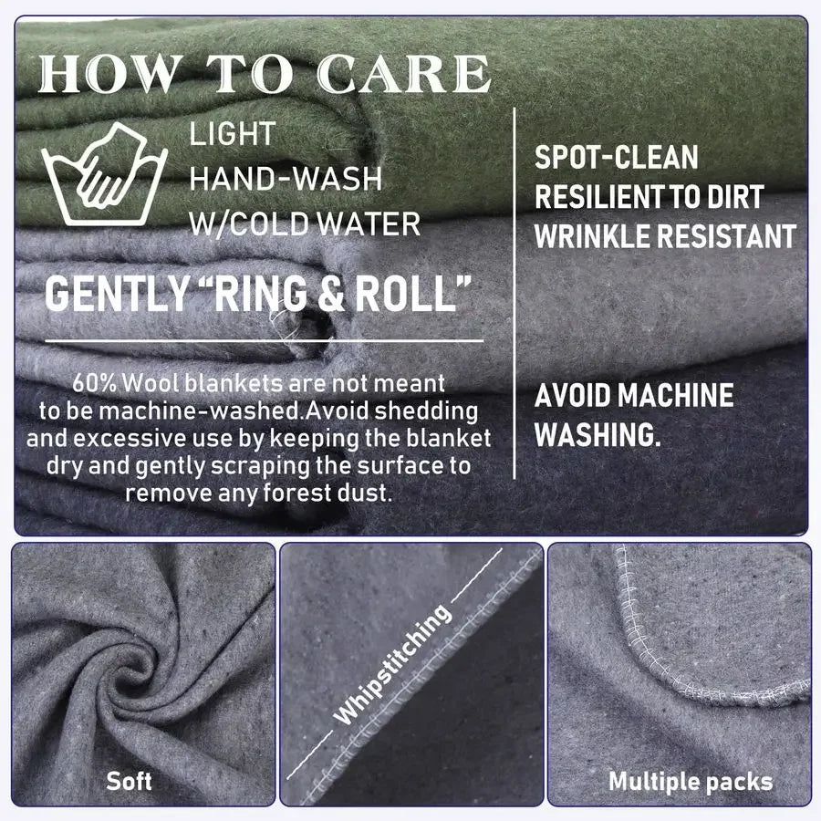 Bulk set of three military-style wool camping blankets, fire retardant and durable for outdoor use 60x80