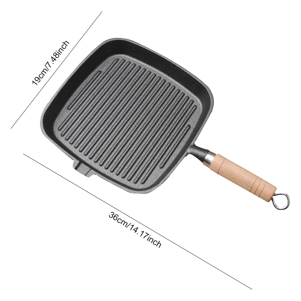 Cast iron skillet steak pan with wooden handle, uncoated and ideal for camping cooking