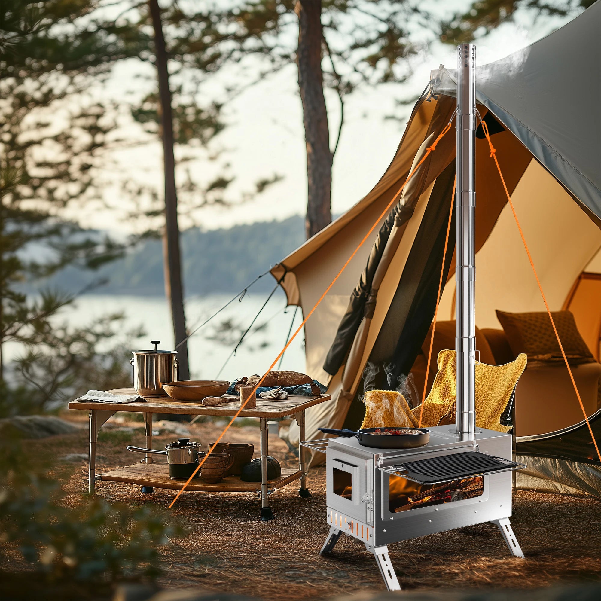 Portable Camping Wood Stove Stainless Steel Hot Tent Stove with Chimney Pipes